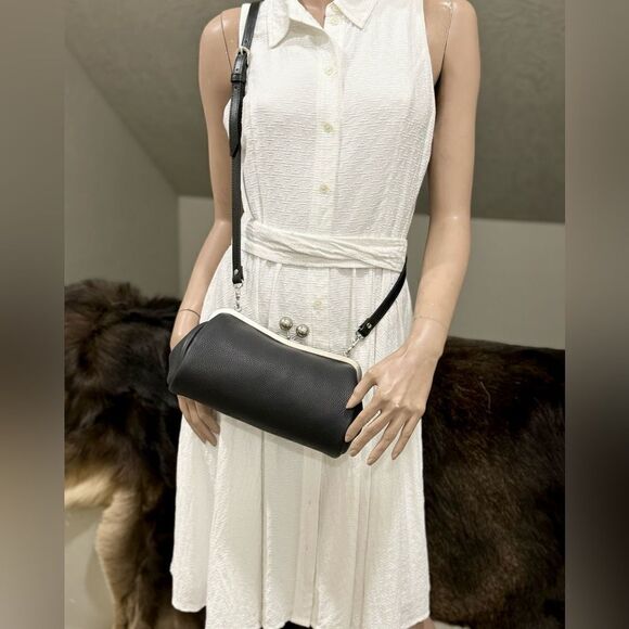 Black Togo Cowhide Leather Handmade Kisslock Baguette Bag With 3 Strap Styles - Picture 13 of 16